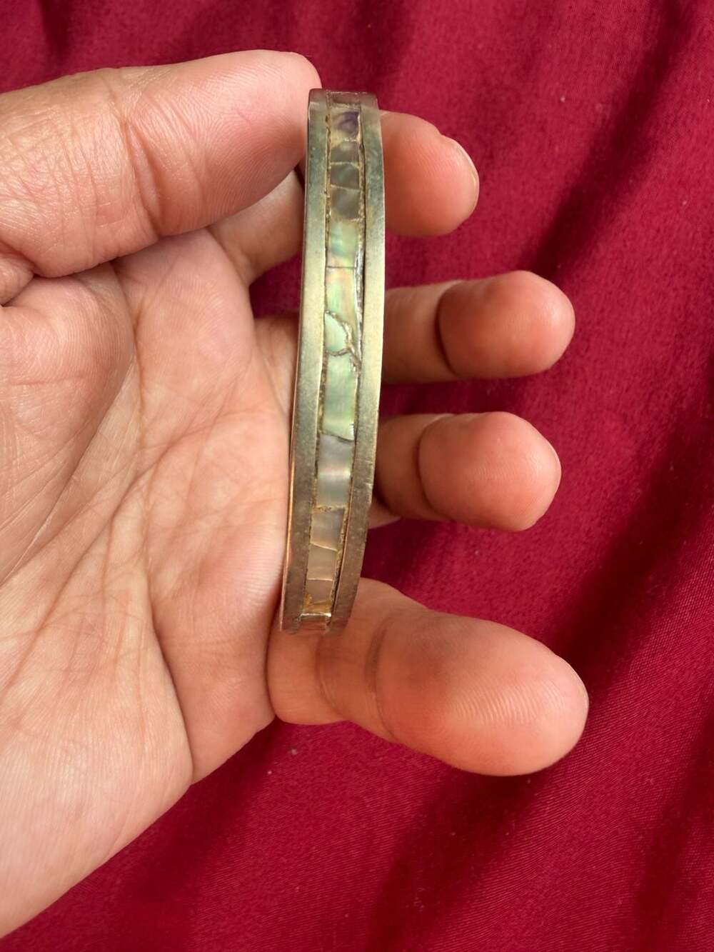 Vintage Alpaca Mexico Abalone Shell Inlay Bangle Bracelet